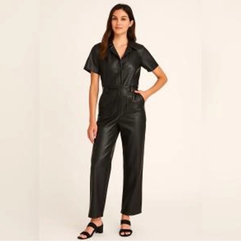 7 For All Mankind Black Faux Leather Short-Sleeve Jumpsuit